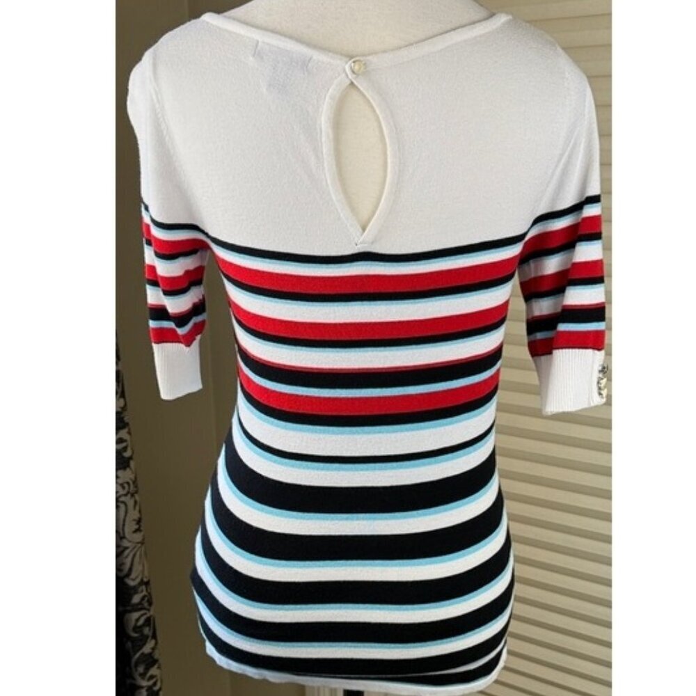 Le Chateau Top Size M Striped Stretch Knit Keyhole Back Fitted Short Sleeve - Picture 2 of 10